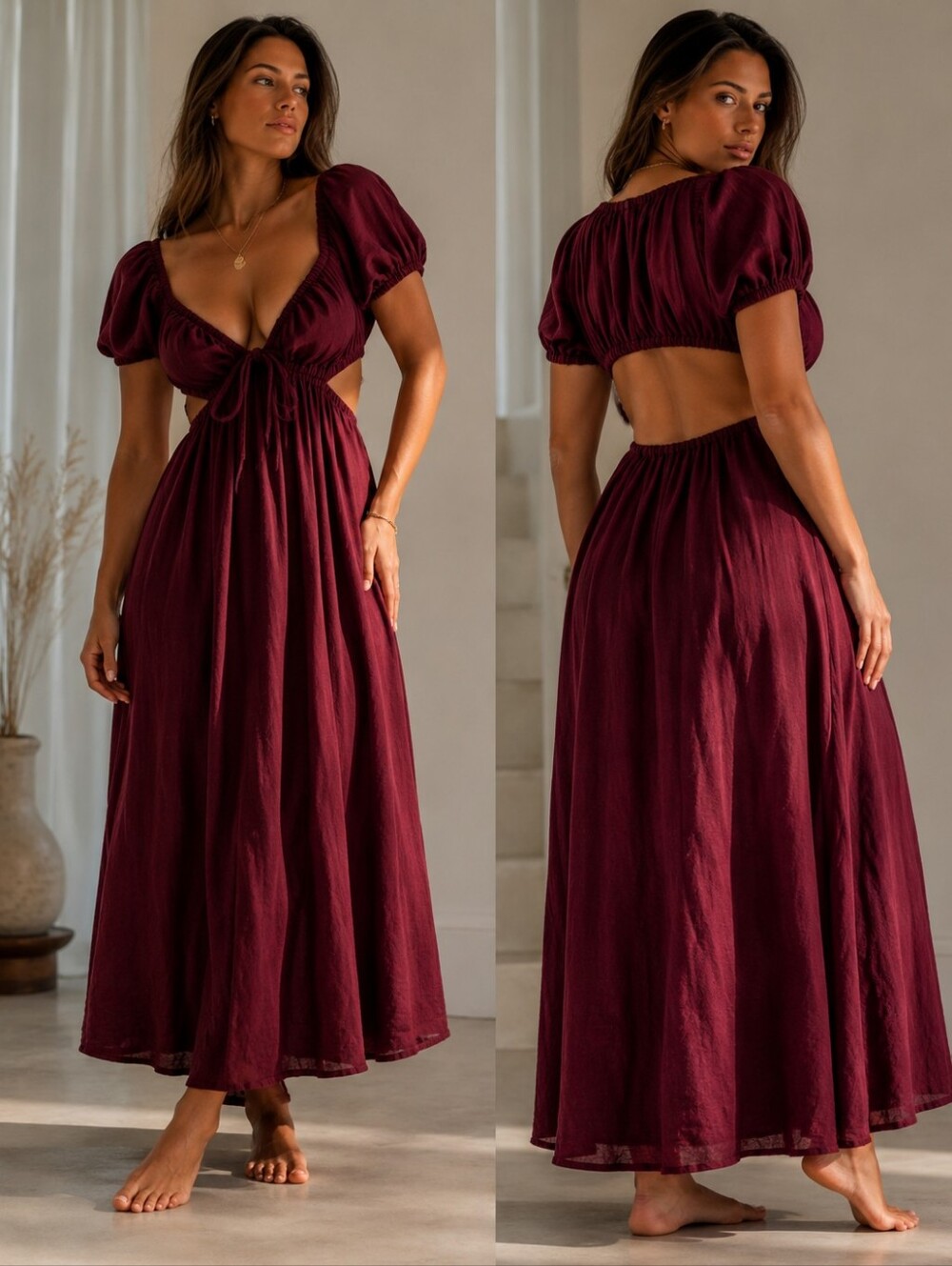 100% linen handmade cutout maxi dress puff sleeve burgundy S/M